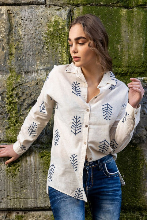 WH129 Embroidery Detailed Linen Women's Shirt