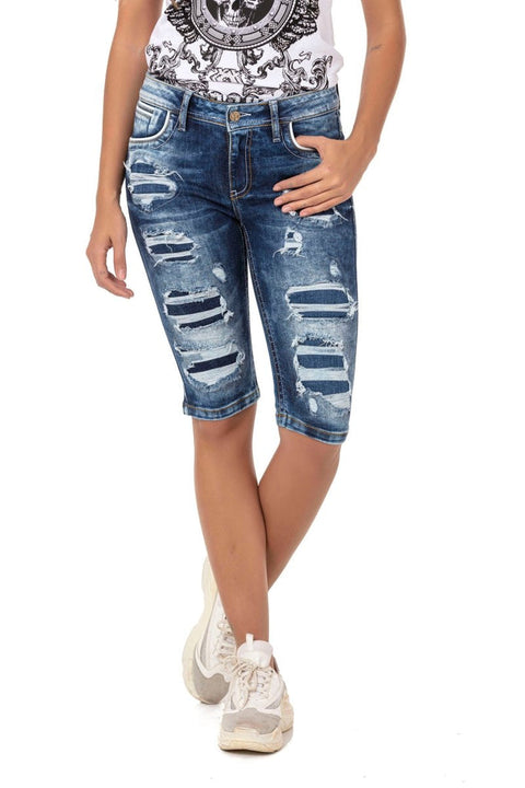 WK181 Patched Ripped Long Denim Shorts
