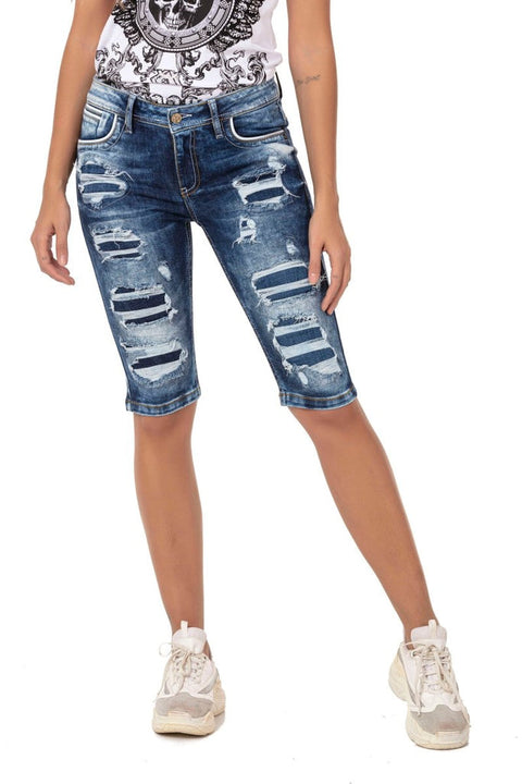 WK181 Patched Ripped Long Denim Shorts