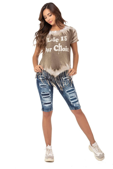 WK181 Patched Ripped Long Denim Shorts