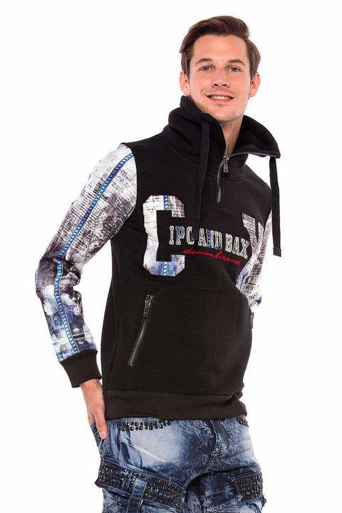 CL366 Zippered Stand-Up Collar Printed Sleeve Men's Sweatshirt
