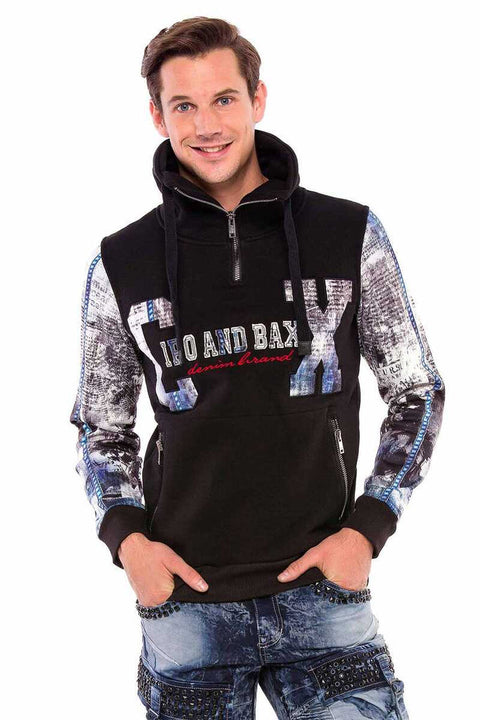 CL366 Zippered Stand-Up Collar Printed Sleeve Men's Sweatshirt