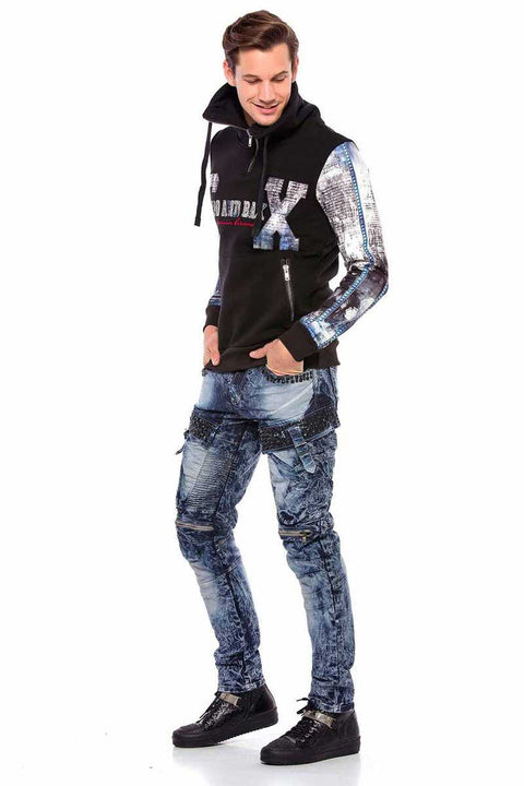 CL366 Zippered Stand-Up Collar Printed Sleeve Men's Sweatshirt