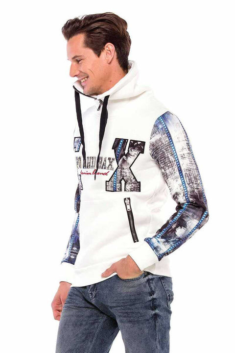 CL366 Zippered Stand-Up Collar Printed Sleeve Men's Sweatshirt