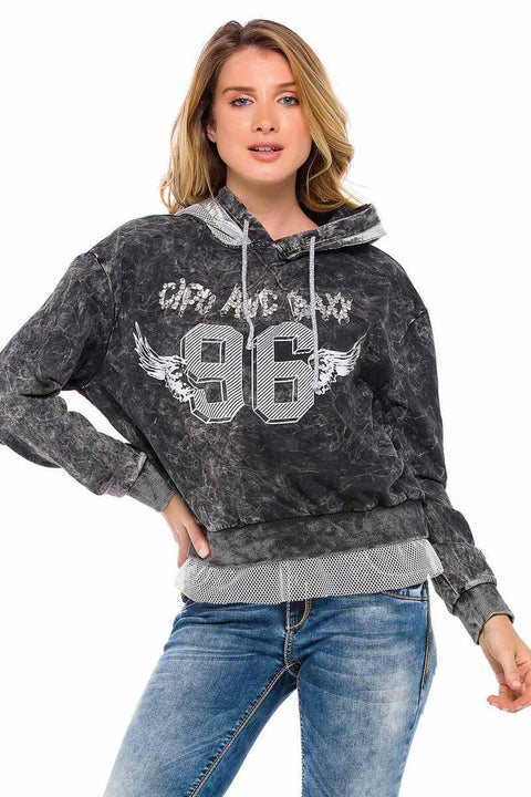WL207 Women's Stoned Hooded Tulle Detailed Sweatshirt