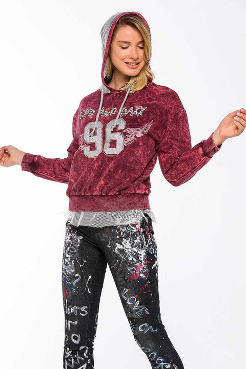 WL207 Women's Stoned Hooded Tulle Detailed Sweatshirt