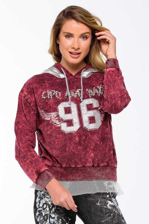 WL207 Women's Stoned Hooded Tulle Detailed Sweatshirt