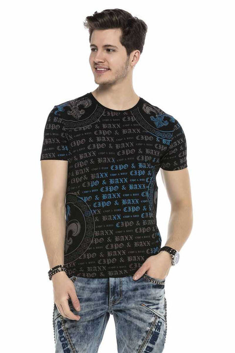 CT554 Text Patterned T-Shirt with Stones on Shoulders