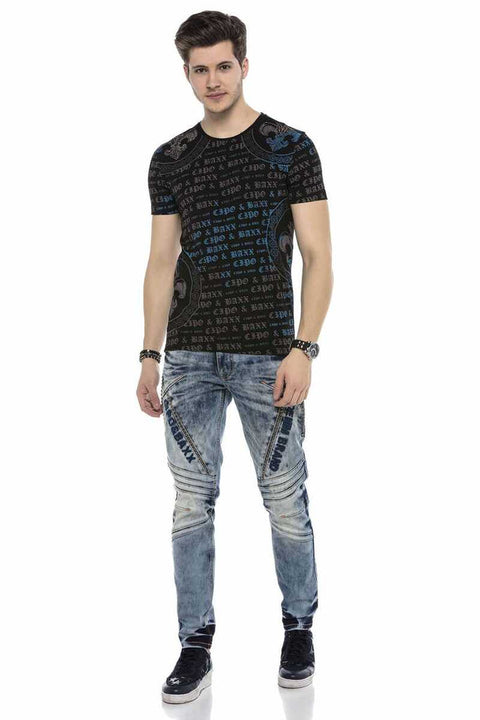 CT554 Text Patterned T-Shirt with Stones on Shoulders