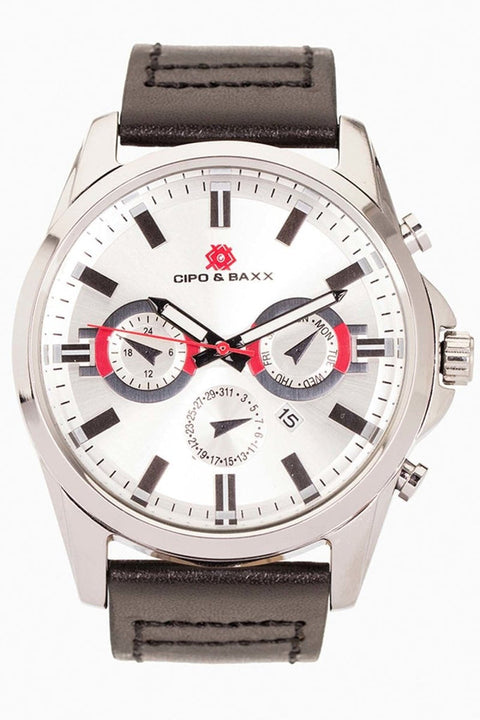 CZ108 Silver Color Steel Men's Watch with Leather Strap