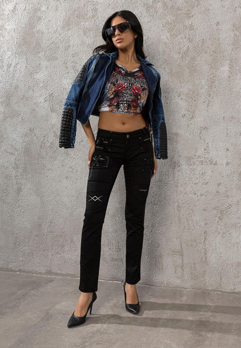 WD228 Double Belt Embroidered Women's Jeans