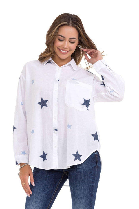 WH127 Star Detailed Oversized Linen Shirt