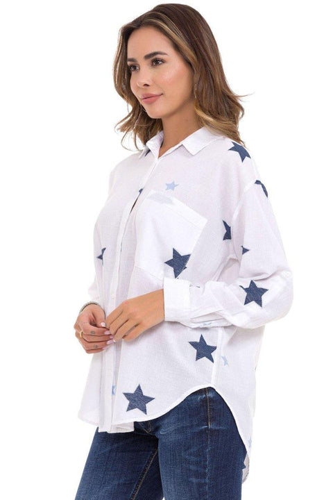 WH127 Star Detailed Oversized Linen Shirt