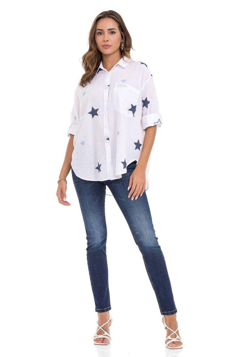 WH127 Star Detailed Oversized Linen Shirt