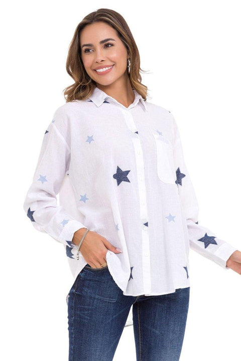 WH127 Star Detailed Oversized Linen Shirt