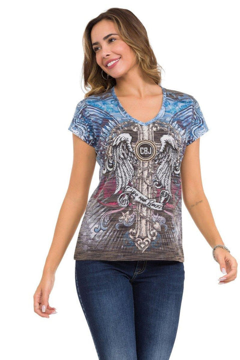 WT339 Winged Cross Patterned Stone T-Shirt