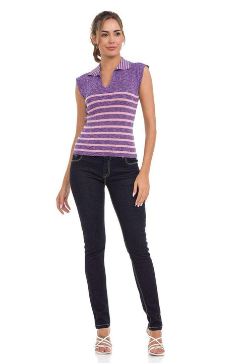WT353 Polo Neck Striped Knitwear T-Shirt