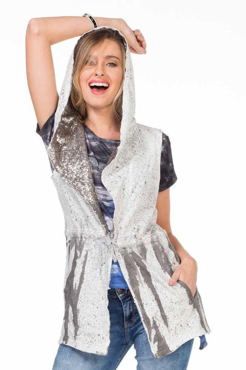 WW111 Women's Gray Hooded Sequined Vest