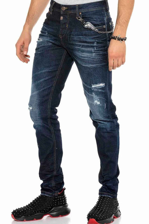 CD392 Chain Ripped Narrow Leg Navy Blue Men's Jeans