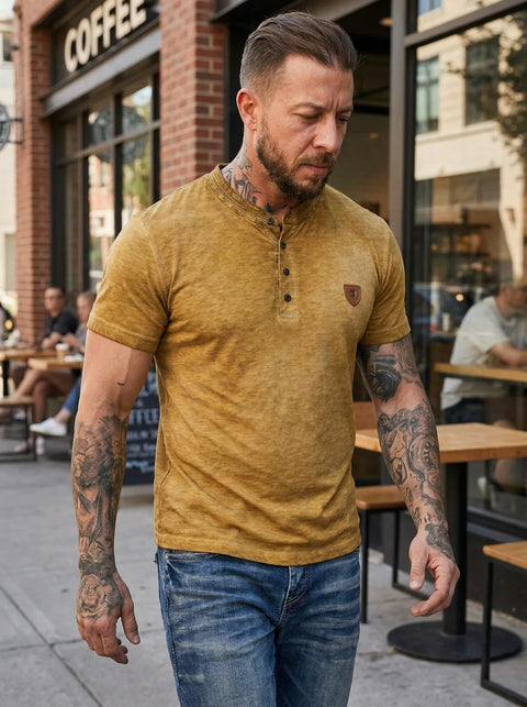 CT835 Men’s T‑Shirt Mustard – Modern Henley Button Tee