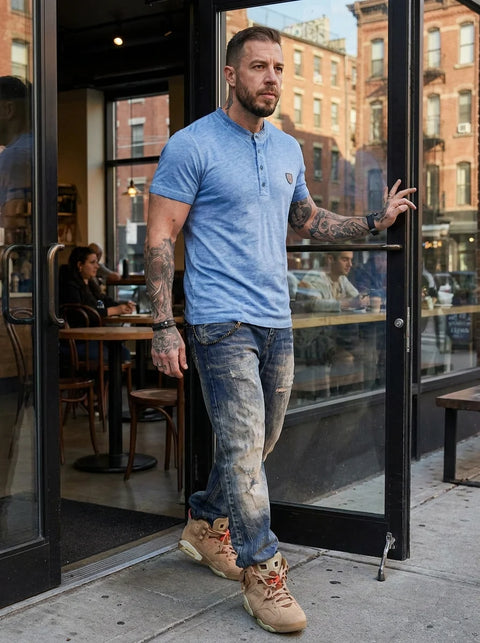 CT835 Men’s T‑Shirt Mustard – Modern Henley Button Tee