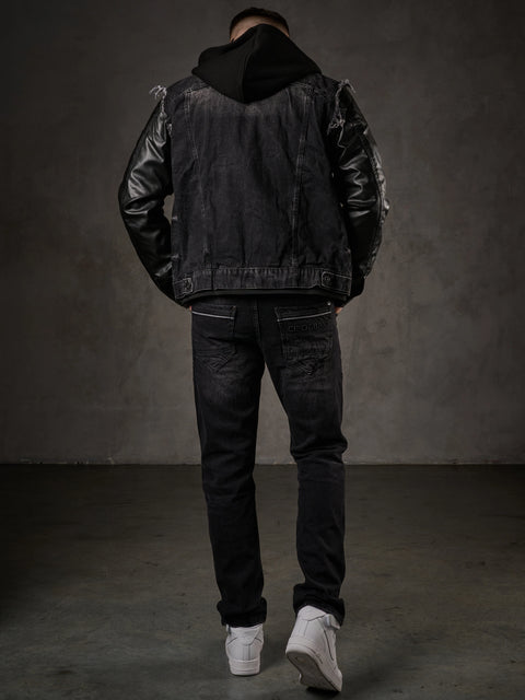C-1290 Leather Sleeves Hooded Denim Jacket