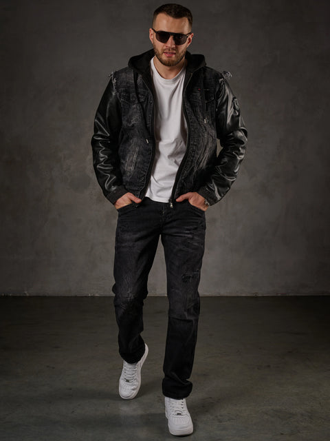 C-1290 Leather Sleeves Hooded Denim Jacket