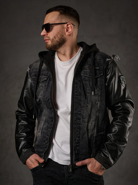 C-1290 Leather Sleeves Hooded Denim Jacket