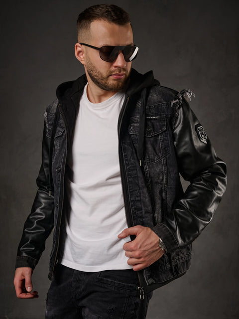 C-1290 Leather Sleeves Hooded Denim Jacket