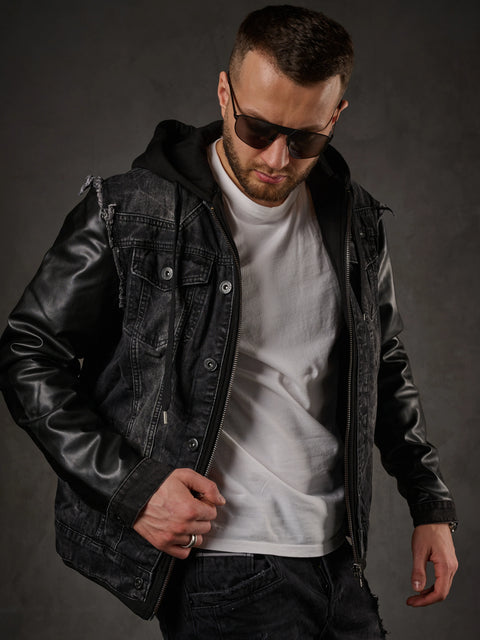 C-1290 Leather Sleeves Hooded Denim Jacket