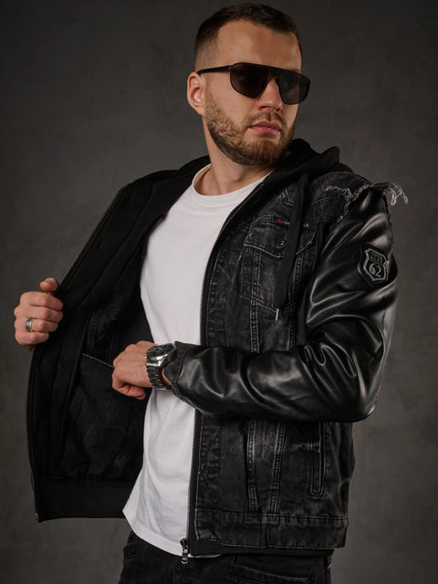 C-1290 Leather Sleeves Hooded Denim Jacket