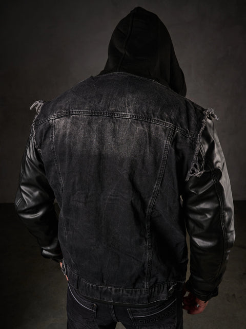 C-1290 Leather Sleeves Hooded Denim Jacket