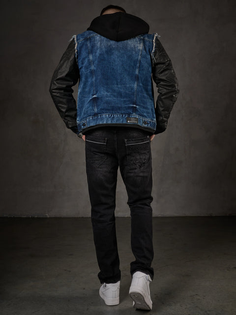 C-1290 Leather Sleeves Hooded Denim Jacket