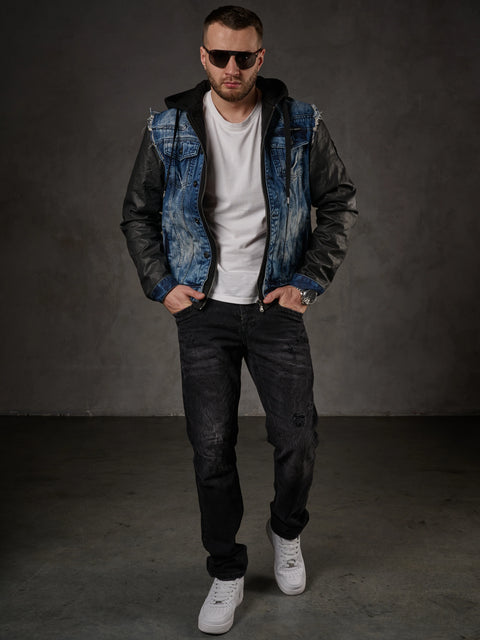 C-1290 Leather Sleeves Hooded Denim Jacket