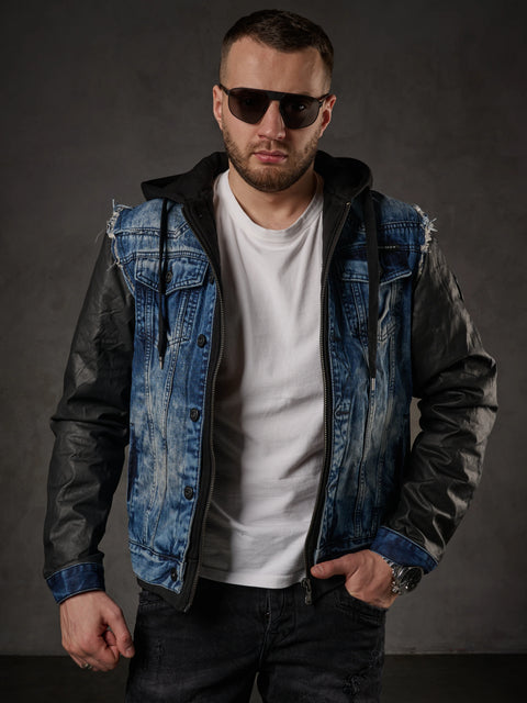 C-1290 Leather Sleeves Hooded Denim Jacket
