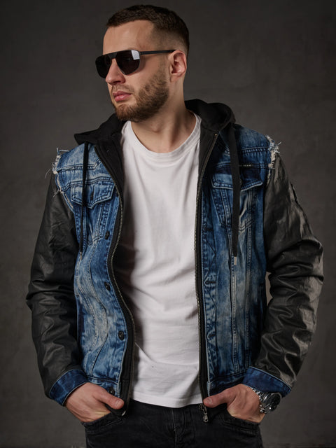 C-1290 Leather Sleeves Hooded Denim Jacket