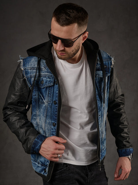 C-1290 Leather Sleeves Hooded Denim Jacket