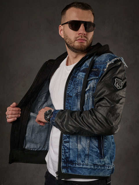 C-1290 Leather Sleeves Hooded Denim Jacket