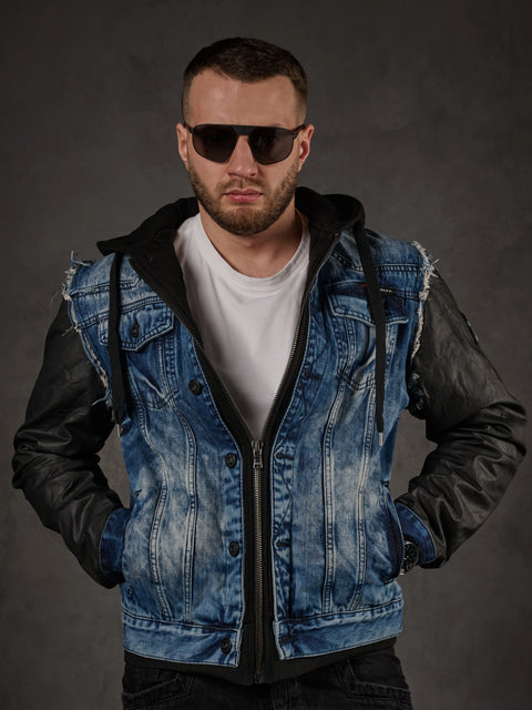 C-1290 Leather Sleeves Hooded Denim Jacket