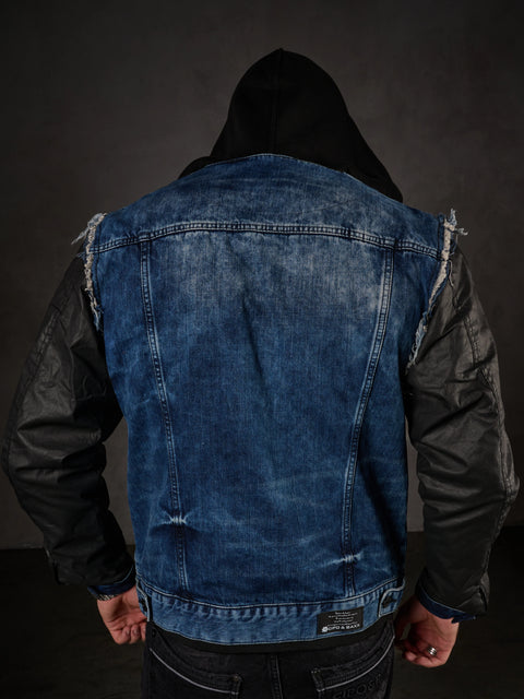 C-1290 Leather Sleeves Hooded Denim Jacket