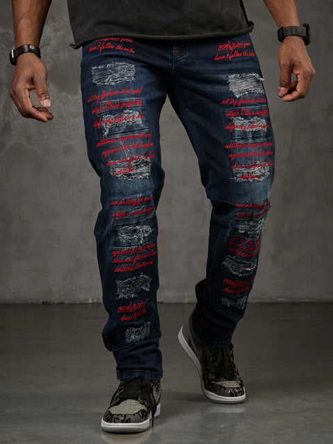 CD694 Yırtık Detaylara Sahip Yazı İşlemeli Erkek Jean Pantolon