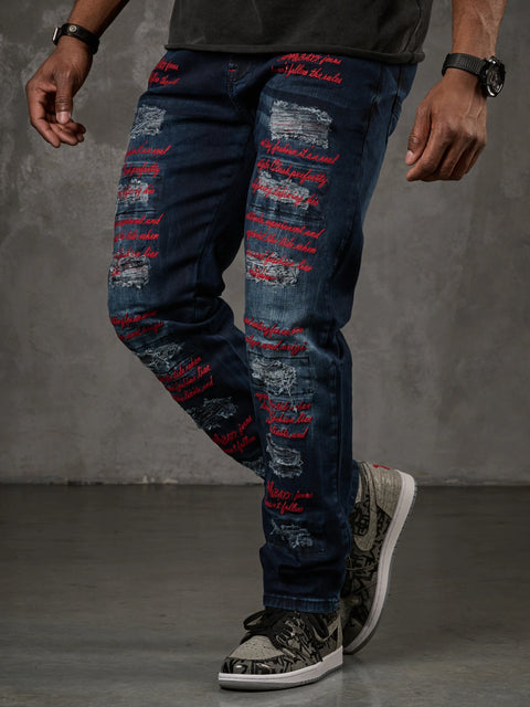 CD694 Yırtık Detaylara Sahip Yazı İşlemeli Erkek Jean Pantolon