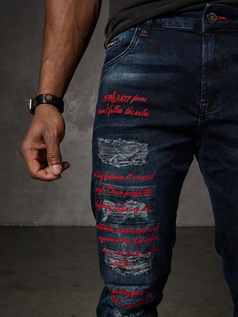 CD694 Yırtık Detaylara Sahip Yazı İşlemeli Erkek Jean Pantolon