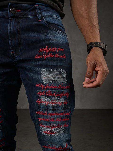 CD694 Yırtık Detaylara Sahip Yazı İşlemeli Erkek Jean Pantolon