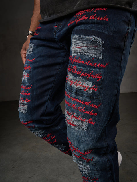 CD694 Yırtık Detaylara Sahip Yazı İşlemeli Erkek Jean Pantolon
