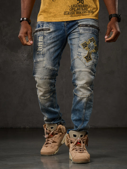 CD293 Stitching Detailed Embroidered Men's Jean Trousers