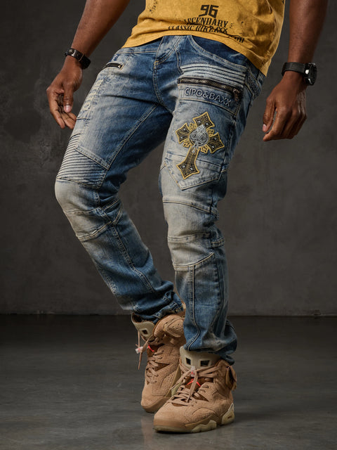 CD293 Stitching Detailed Embroidered Men's Jean Trousers