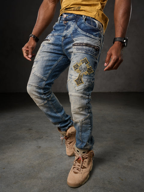 CD293 Stitching Detailed Embroidered Men's Jean Trousers