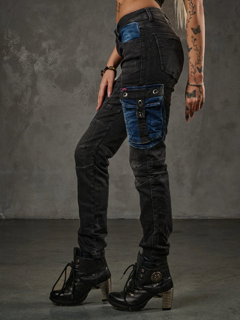 WD521 Contrast Colored Women's Jean Trousers with Cargo Pockets