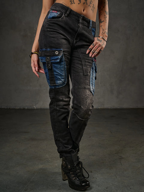 WD521 Contrast Colored Women's Jean Trousers with Cargo Pockets